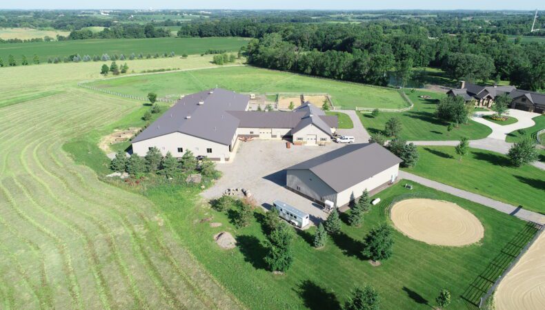 Aerial view of large equestrian facility