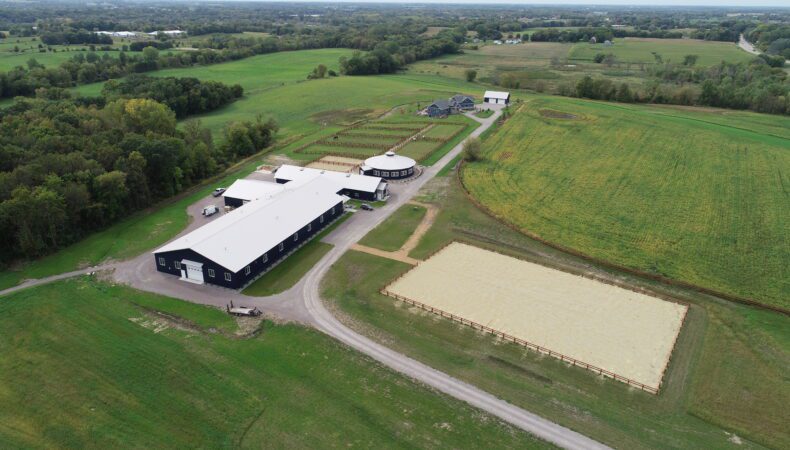Aerial view from back of property with buildings on left side.