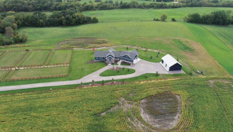 Front of residential property from aerial view.