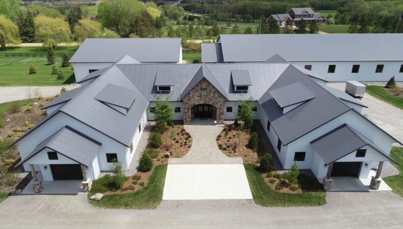 View of front of large equestrian facility.