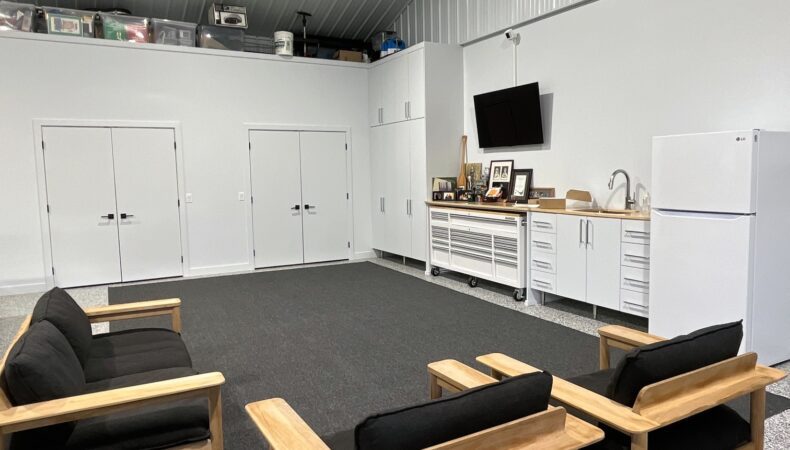 Entertainment space in garage area.