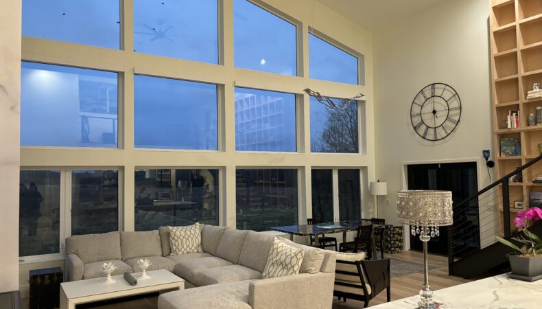 Living space with vaulted ceiling and large wall of windows.
