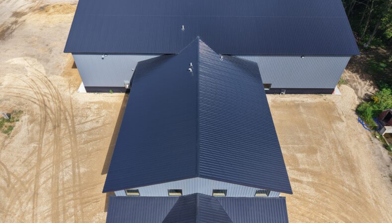 Top view of building with steel roof