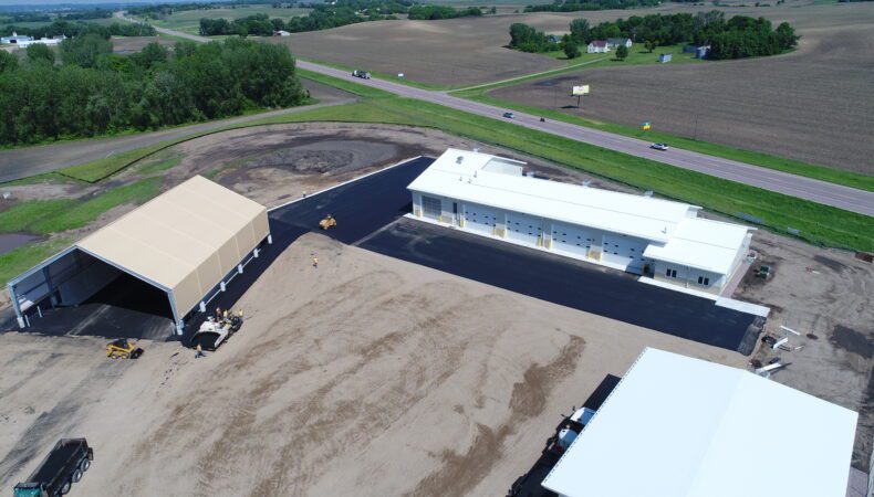 Overhead view of hangar and large truck station