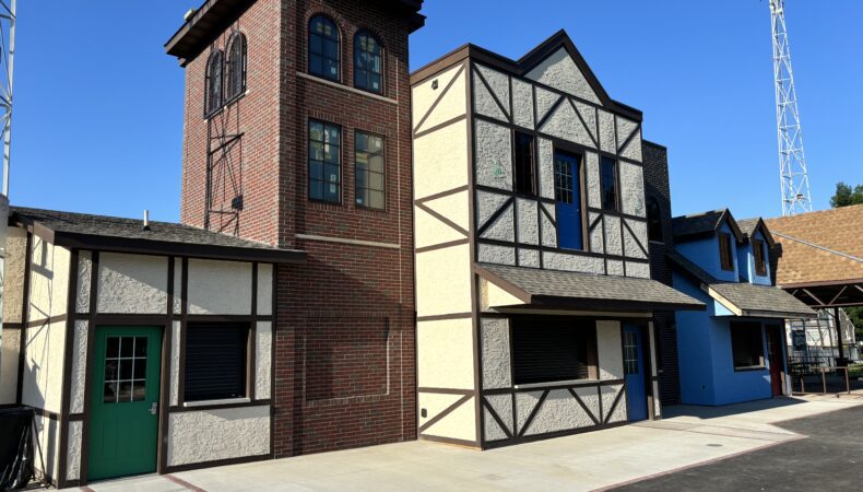 Concession stands that look like little historical buildings