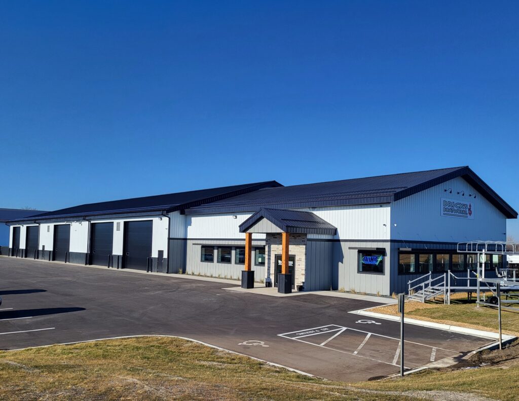 Front of Bricks Boat Works from parking lot