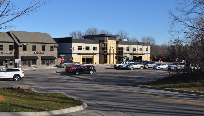 Distant view of Victoria City Hall & Library from street.