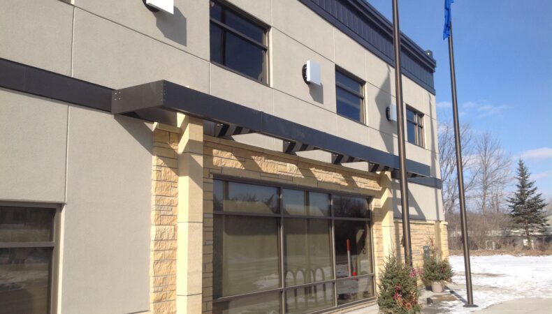 Exterior view of large windows.