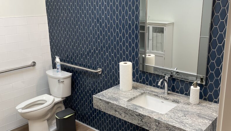 Bathroom with blue tile feature wall.