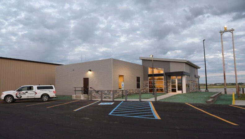View of Watford City Municipal Airport Terminal from parking lot
